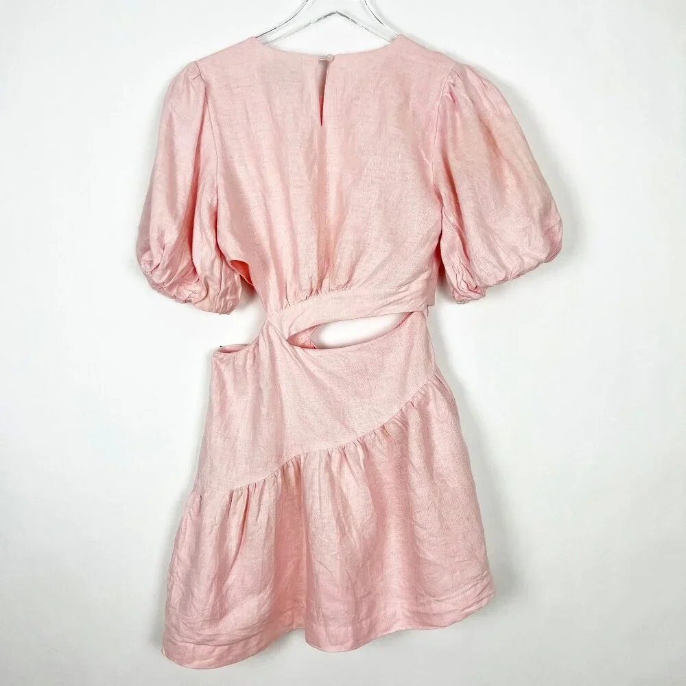 Bardot Mimi Cutout Dress 100% Linen Mini Women's Size US6 Soft Pink Puff Sleeves - Picture 13 of 15